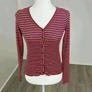 Pink Rose Red & White Striped Button Front Long Sleeve Top Size S